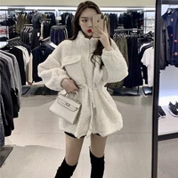 Mùa thu đông 2018 mới thả lỏng thắt lưng giả lông cừu trong phần dài của phiên bản Hàn Quốc của cổ áo áo khoác dài tay nữ áo khoác kaki nữ