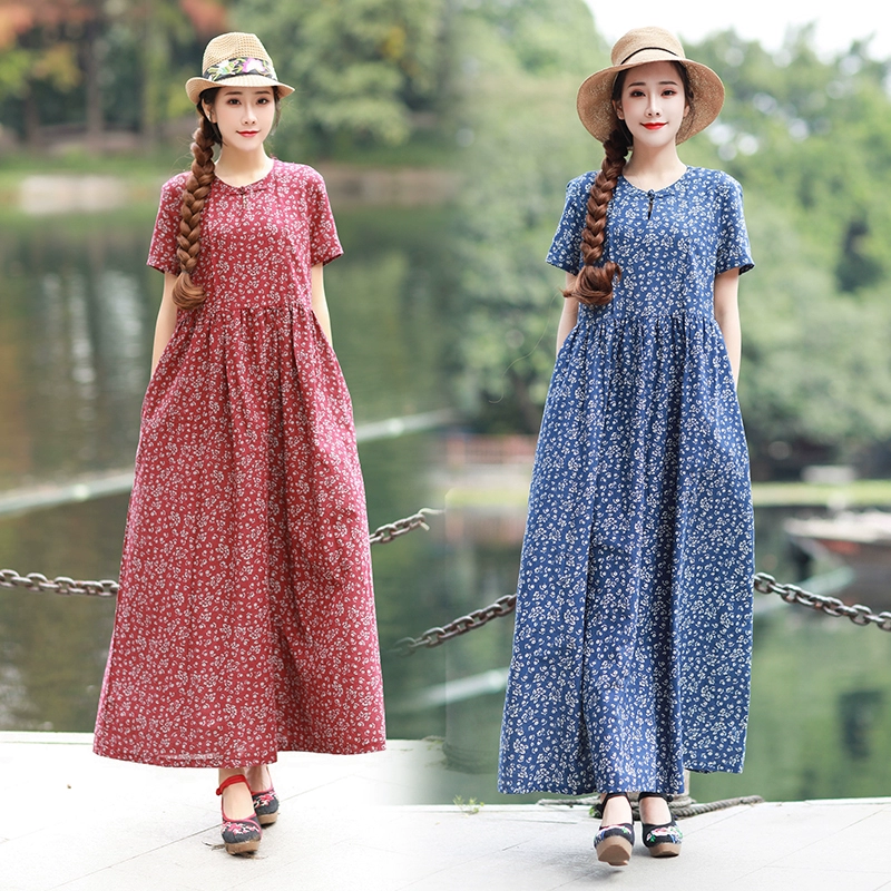 Mùa hè mới phong cách dân tộc retro kích thước lớn của phụ nữ cotton và lanh váy ngắn tay phụ nữ lỏng và mỏng váy dài phụ nữ - Váy dài