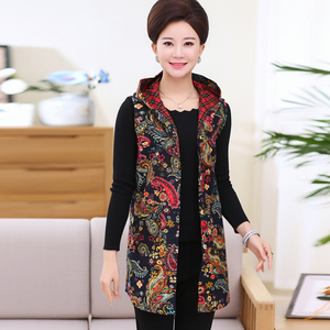 Phụ nữ trung niên của mùa xuân và mùa thu mỏng vest dài mẹ in tang vest bông vest áo gi lê áo gi lê