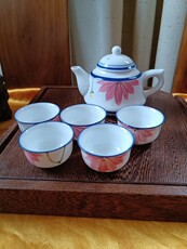 Чайный набор 九十年代景德镇瓷 手绘花卉 青花釉里红 茶具套装茶杯