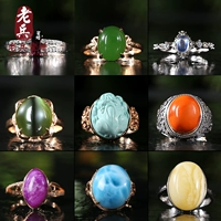 Nhẫn pha lê tự nhiên Ngọc lam Garnet Topaz và Tianbiyu Moonstone Trang sức Cựu chiến binh 7 nhẫn bạc