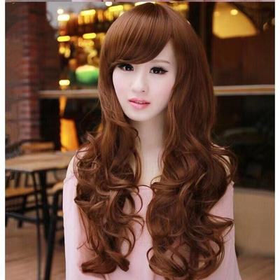 taobao agent Wig female long curly hair oblique bangs fashion girl growth hair 2019 new cute pear flower head big waves