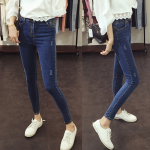 Mùa thu Hàn Quốc cao eo feet chín điểm jeans nữ Slim mỏng lỗ căng bút chì quần dài sinh viên