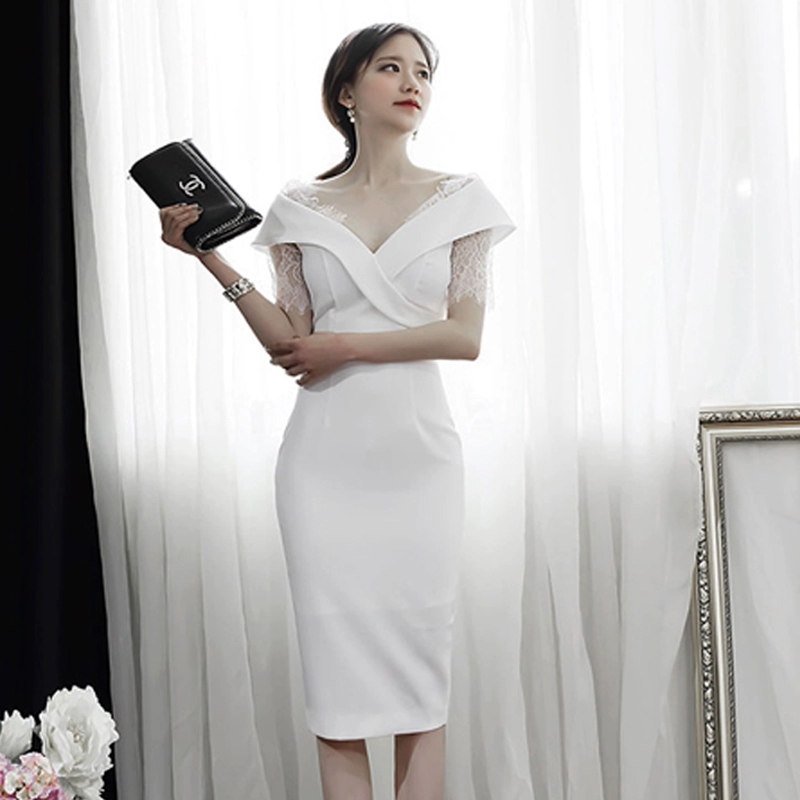 Đầm xuân hè 2020 phiên bản mới của Hàn Quốc OL khí chất nữ v-cổ khâu ren mỏng váy giữa dài - Sản phẩm HOT