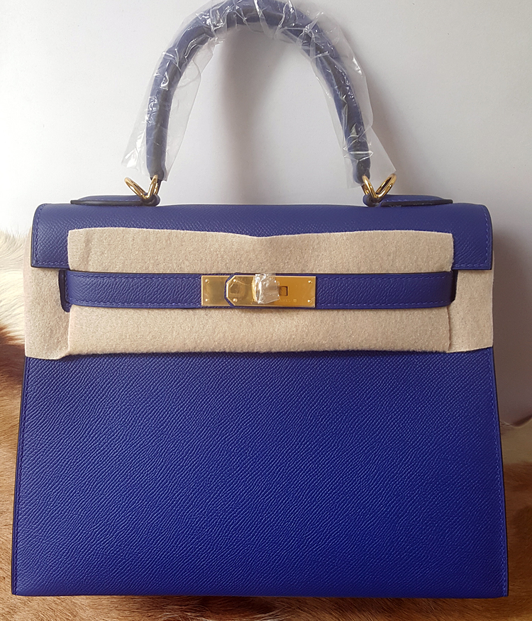 28Cm Electric Light Blue Handmade Gold Buckle Line25cm28cm32cm Outer seam Kelly bag All by hand Wax thread  female Satchel genuine leather Female bag female handbag