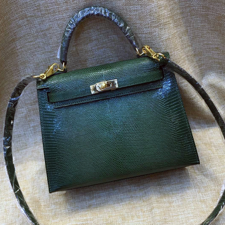 25Cm Dark Green & Gold Button25c m28 cm Outer seam Lizard skin Kelly bag Semi manual All by hand Wax thread Internet celebrity female Satchel female handbag