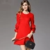 Châu Âu 2019 xuân mới cỡ lớn tay áo nữ bảy điểm mỏng Một chiếc váy chữ 200 kg váy đỏ lỏng lẻo - A-Line Váy A-Line Váy