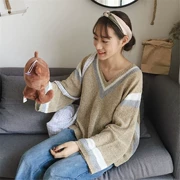 Xuân 2018 phiên bản Hàn Quốc mới của áo cổ chữ V kết hợp áo len rộng thời trang hoang dã áo len dài tay áo thun nữ sinh viên