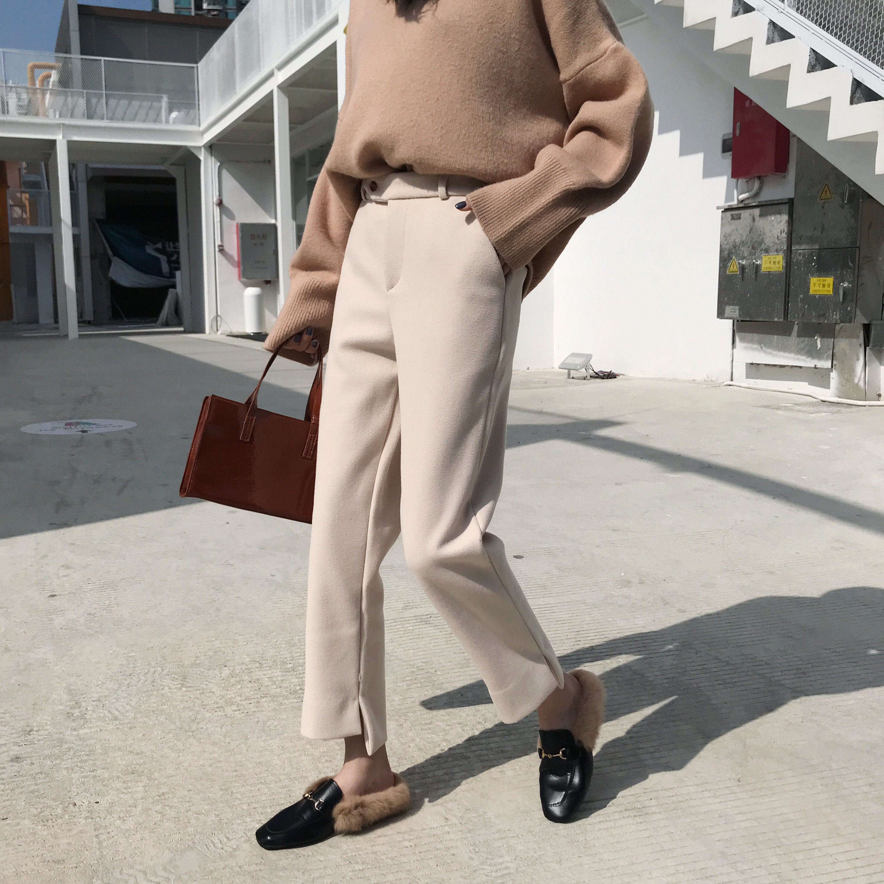 实拍韩版宽松裤脚侧开叉毛呢西装裤高腰加厚直筒裤阔腿裤休闲裤女