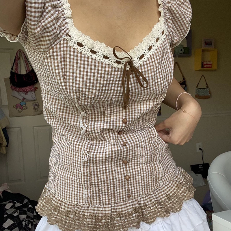 Y2K KAWAII СЛАДКИЙ КОПРО_TOP FAIRYCORE GUNGE RETRO PLAID LACE U