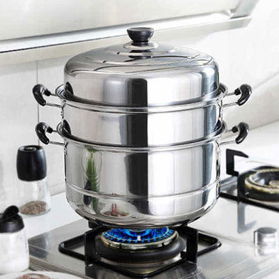 不锈钢蒸锅三层双2层加厚蒸笼汤锅大号蒸锅电磁炉煤气锅具26-32cm