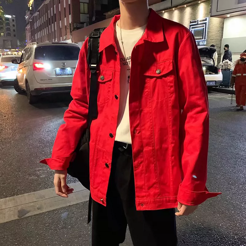 Áo khoác denim nam sành điệu phiên bản Hàn Quốc của xu hướng áo khoác hoang dã xu hướng Hồng Kông thương hiệu áo khoác đỏ đẹp trai giản dị - Áo khoác đôi