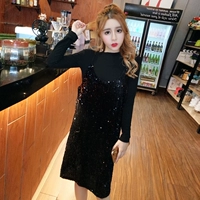 Mùa thu mới phiên bản Hàn Quốc 2018 thời trang đầm quây đính sequin + áo liền thân dài tay màu trơn phù hợp với áo thun nữ thời trang nữ cao cấp