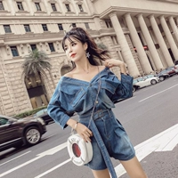 Mùa thu bộ 2018 mới thời trang Hàn Quốc phiên bản của nhỏ tươi tính khí đơn ngực phía trước và phía sau V-Cổ denim jacket + quần short thời trang công sở nữ