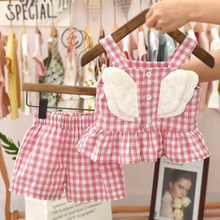 Pink (Small Wings)Children's wear 2021 summer new pattern children lattice suit girl baby Foreign style wing Halter tops shorts Two piece set