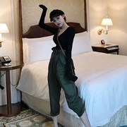 Phần mỏng đáy áo cao eo chân rộng chân nhỏ Hàn Quốc phiên bản của lỏng chín điểm harem quần mùa thu mới thời trang Hàn Quốc phù hợp với