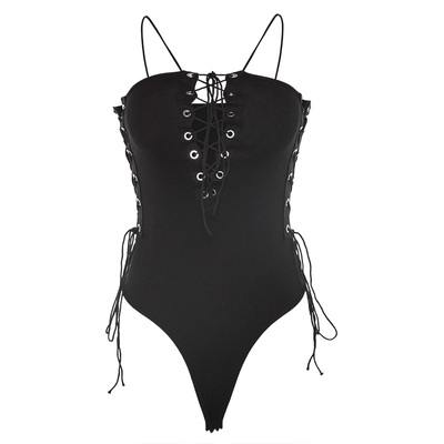 欧美网红风性感系带修身显瘦黑色打底背心吊带女百搭V领连体衣潮-淘宝网