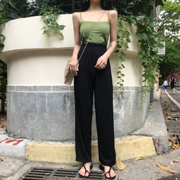 Sang trọng Hàn Quốc phiên bản của retro chủ đề dệt kim bông từ cổ áo màu xanh lá cây yếm trong + đen thường rộng chân quần phù hợp với