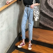 Retro Hàn Quốc chic gió mill bị hỏng quần chân thẳng quần đa năng cao eo màu rắn chín điểm jeans phụ nữ mùa hè