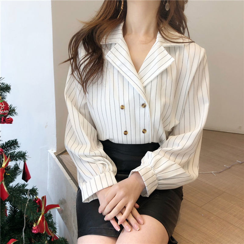 Retro mới sọc dọc Han Fan hoang dã đôi ngực V-Cổ cardigan áo sơ mi nữ lỏng lẻo dài tay áo sơ mi mỏng thủy triều