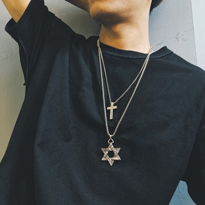 Hexagon Necklace + Cross NecklaceChaozhou people hiphop Ring Necklace ins Tuku Europe and America disco dancing men and women tide Tiktok Pendants Hip hop multi-storey Accessories