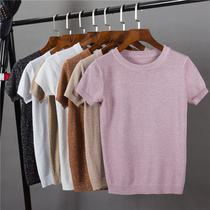 Đặc biệt hàng ngày phụ nữ mùa xuân lụa sáng mỏng ngắn tay áo len cổ tròn kéo căng đàn hồi T-Shirt đáy áo