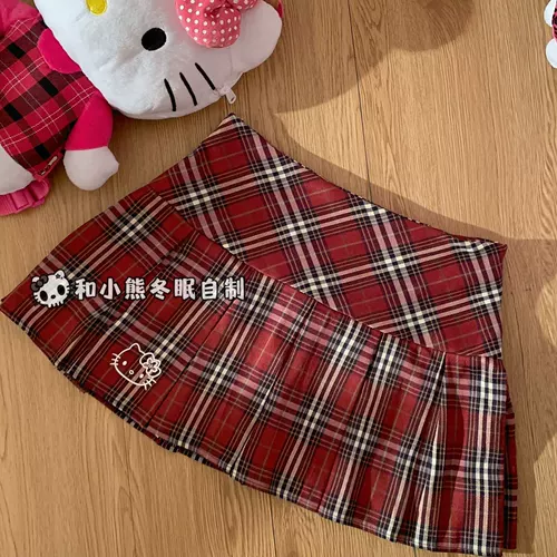 Ретро зимняя красная цветная клетчатая юбка в складку, с медвежатами, в американском стиле