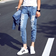 Quần xã hội 2018 quần jeans nam lỗ chín quần nhanh tay đỏ nam với quần chân tinh thần