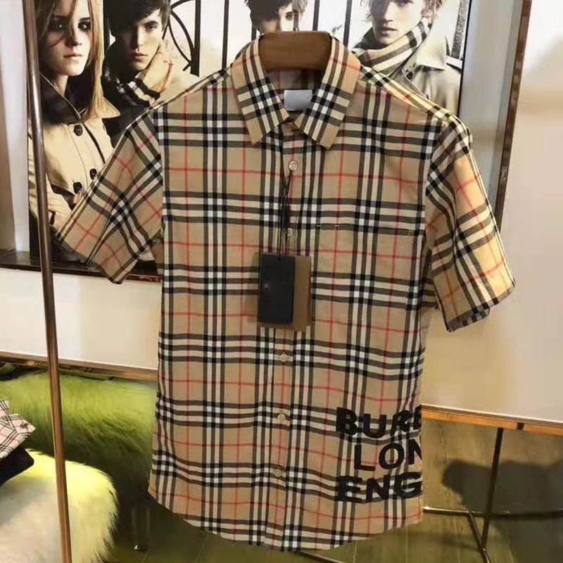 Letternew pattern Europe and America lattice shirt men's wear home Short sleeve lovers classic letter rainbow Britain Check pattern Big size shirt b