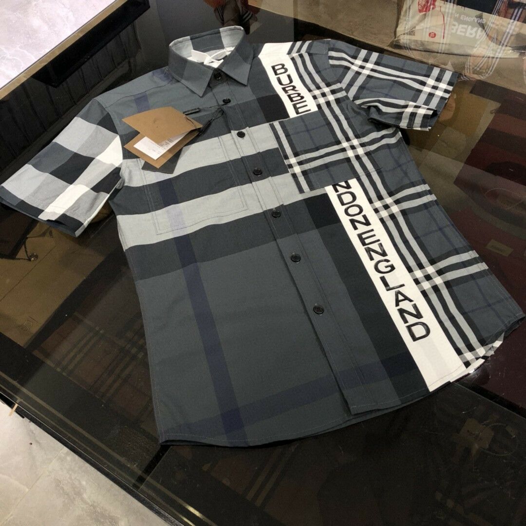 Graphite Ashnew pattern Europe and America lattice shirt men's wear home Short sleeve lovers classic letter rainbow Britain Check pattern Big size shirt b