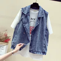 Mùa xuân phiên bản mới của Hàn Quốc rộng rãi của phụ nữ phù hợp với cổ áo vest denim vest cardigan áo khoác ngắn - Áo vest đầm nữ