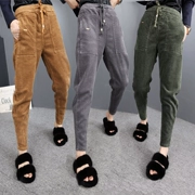 Quần nhung kẻ nữ 2018 phiên bản Hàn Quốc mới của quần lửng nhung chân harem cạp cao là quần mỏng cà rốt