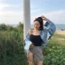 Hàn quốc phiên bản của chic bat tay áo lỏng ngắn denim jacket thời trang ve áo lại ngã ba ánh sáng màu xanh áo khoác sinh viên áo khoác da nữ Áo khoác ngắn