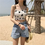 Hồng Kông hương vị chic mùa hè sóng in đoạn ngắn đáy ống dây đeo đầu 2018 mới cô gái hoang dã vest thủy triều