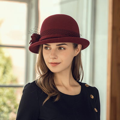 优雅英伦圆顶小礼帽羊毛呢帽时尚百搭秋冬帽子女毛毡帽冬季花朵帽