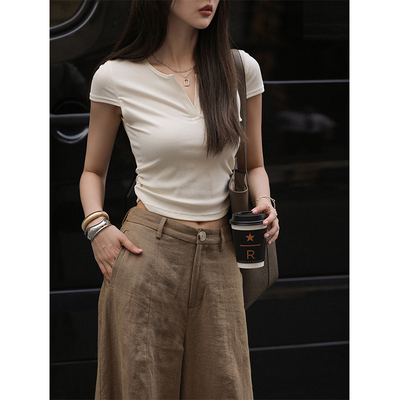 taobao agent Knitted design T-shirt, colored fitted brace, tight, trend of season, with short sleeve