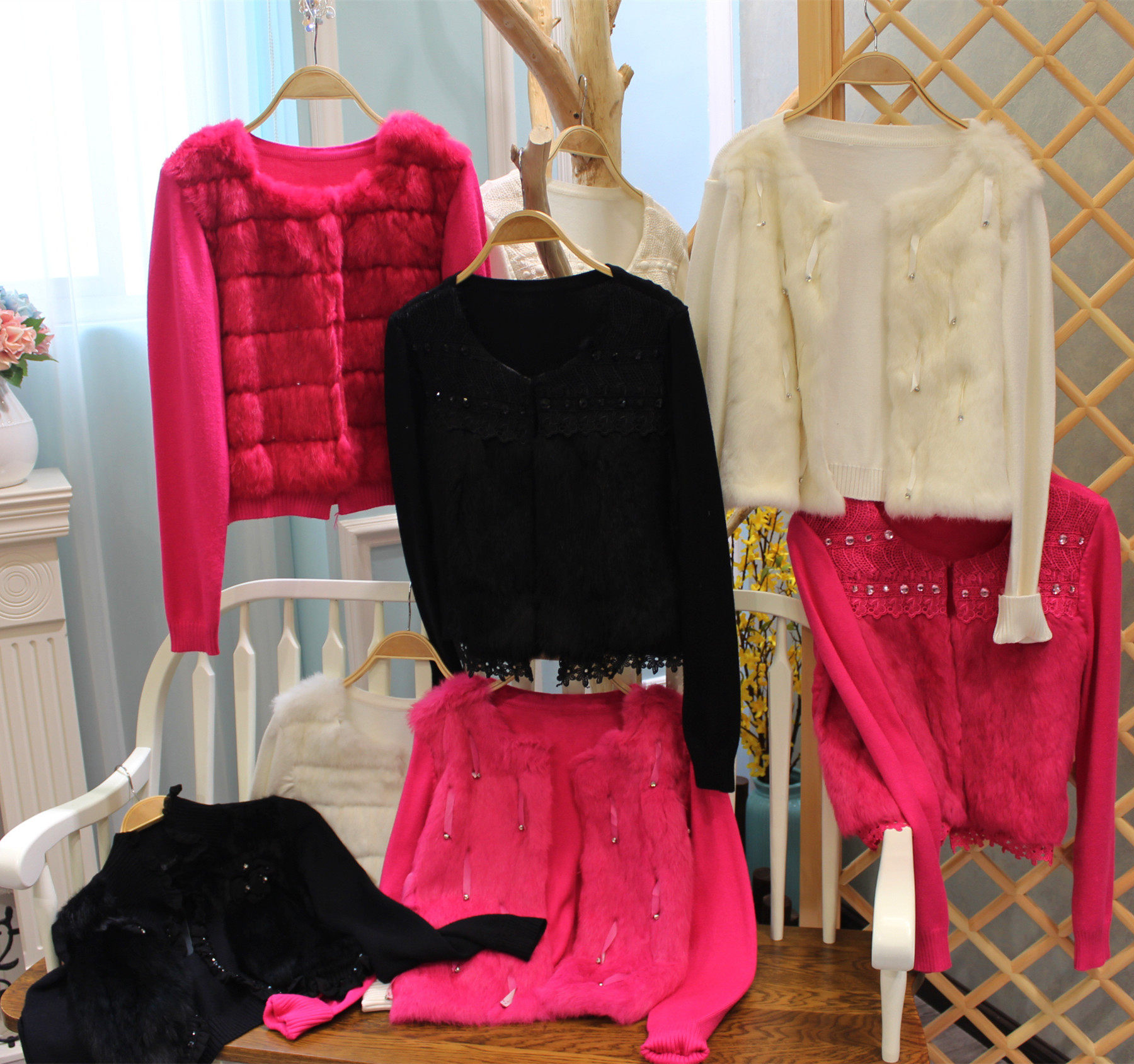 Việc giảm giá không được hoàn lại ~ E5- đặc biệt! Ánh sáng sang trọng lông thỏ ren đính cườm đan áo khoác