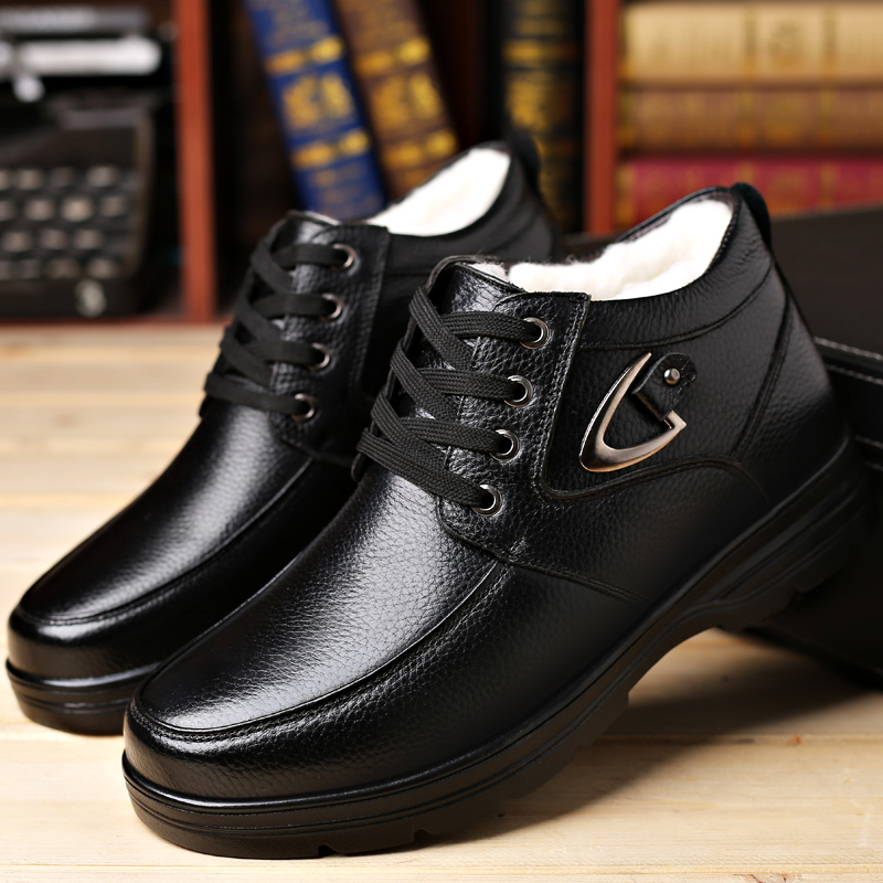 916 Black (Lace Up)cotton-padded shoes male winter keep warm Plush thickening genuine leather wool man lined shoe Middle aged and elderly non-slip the elderly Dad shoes