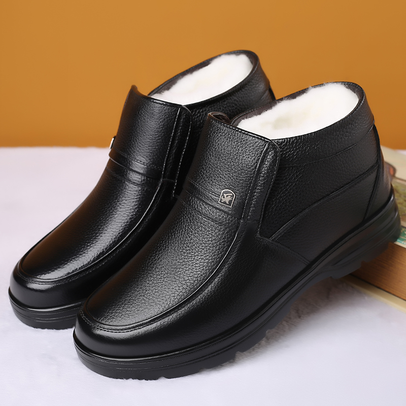 913 Black (Sleeve)cotton-padded shoes male winter keep warm Plush thickening genuine leather wool man lined shoe Middle aged and elderly non-slip the elderly Dad shoes