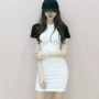 Hàn Quốc Dongdaemun với 2018 mới tính khí thanh lịch khâu tương phản mỏng sexy hip ngắn tay đầm váy cho người béo