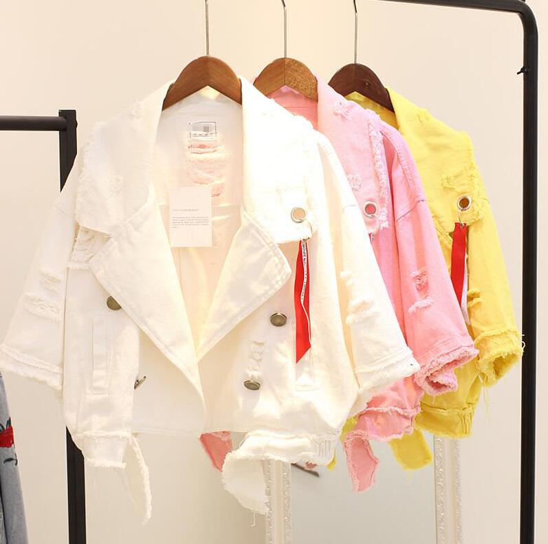 2018 mùa xuân mới Hàn Quốc phiên bản của lỏng phù hợp với cổ áo chân tóc băng denim áo khoác ngắn nữ áo giản dị áo triều