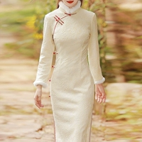 Демисезонное легкое ципао, элитное кружевное флисовое зимнее платье, коллекция 2023, светлый стиль, длинный рукав