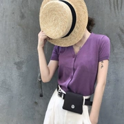 Hàn Quốc phiên bản của mùa hè sang trọng phong cách tính khí mỏng ngắn- tay v- cổ màu duy nhất- ngực áo len phụ nữ mỏng phần chiếc áo đan len áo sơ mi