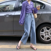 Mùa thu Hàn Quốc phiên bản của rửa cũ retro cao eo là mỏng lỏng hoang dã thẳng jeans chín quần rộng quần chân phụ nữ