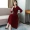 Váy lụa cổ chữ V màu đỏ 2019 mới nổi tiếng của phụ nữ khí chất siêu eo eo thon lụa - Váy eo cao