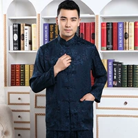 6001 trung niên dài tay phù hợp với áo sơ mi nam mùa xuân và mùa hè dài tay lụa quốc phục lụa Hanfu tang - Trang phục dân tộc trang phục dân tộc mường