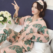 Bộ đồ ngủ kimono dài tay của phụ nữ cotton mùa thu ngọt ngào dễ thương mùa thu và mùa đông nhà quần áo phần mỏng có thể mặc bên ngoài bộ đồ hai mảnh