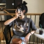 2019 phiên bản Hàn Quốc của người phụ nữ tay ngắn cổ đại triều nửa tay áo siêu lửa áo khói màu xám áo thun nữ ngực lớn - Áo phông áo phông nữ cao cấp