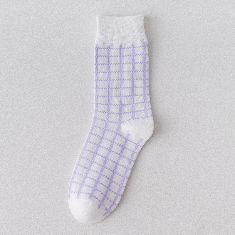Purple Thousand Bird Gridviolet Hosiery children Korean version ins tide Internet celebrity stripe lattice Taro purple lovely solar system Middle tube socks