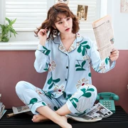 Bộ đồ ngủ mùa xuân và mùa hè của phụ nữ mỏng phần dài tay cotton lụa ngọt ngào cardigan cotton nhân tạo cotton nữ điều hòa không khí nhà quần áo tháng - Pyjama